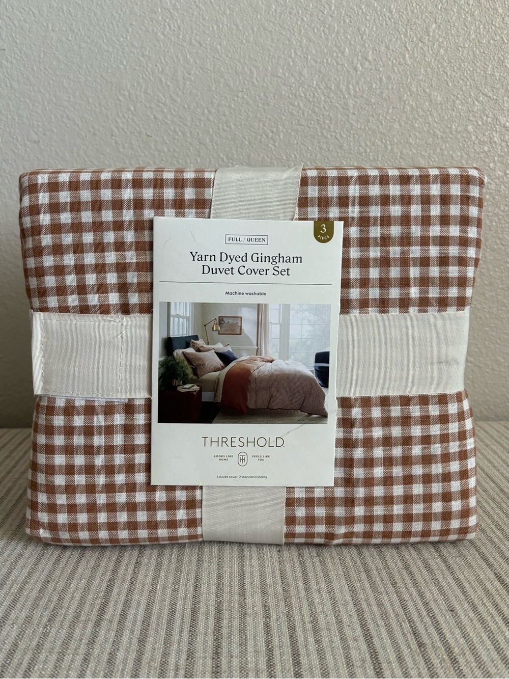 NWT Full/Queen Mini Gingham Duvet and Sham Set Camel - Threshold